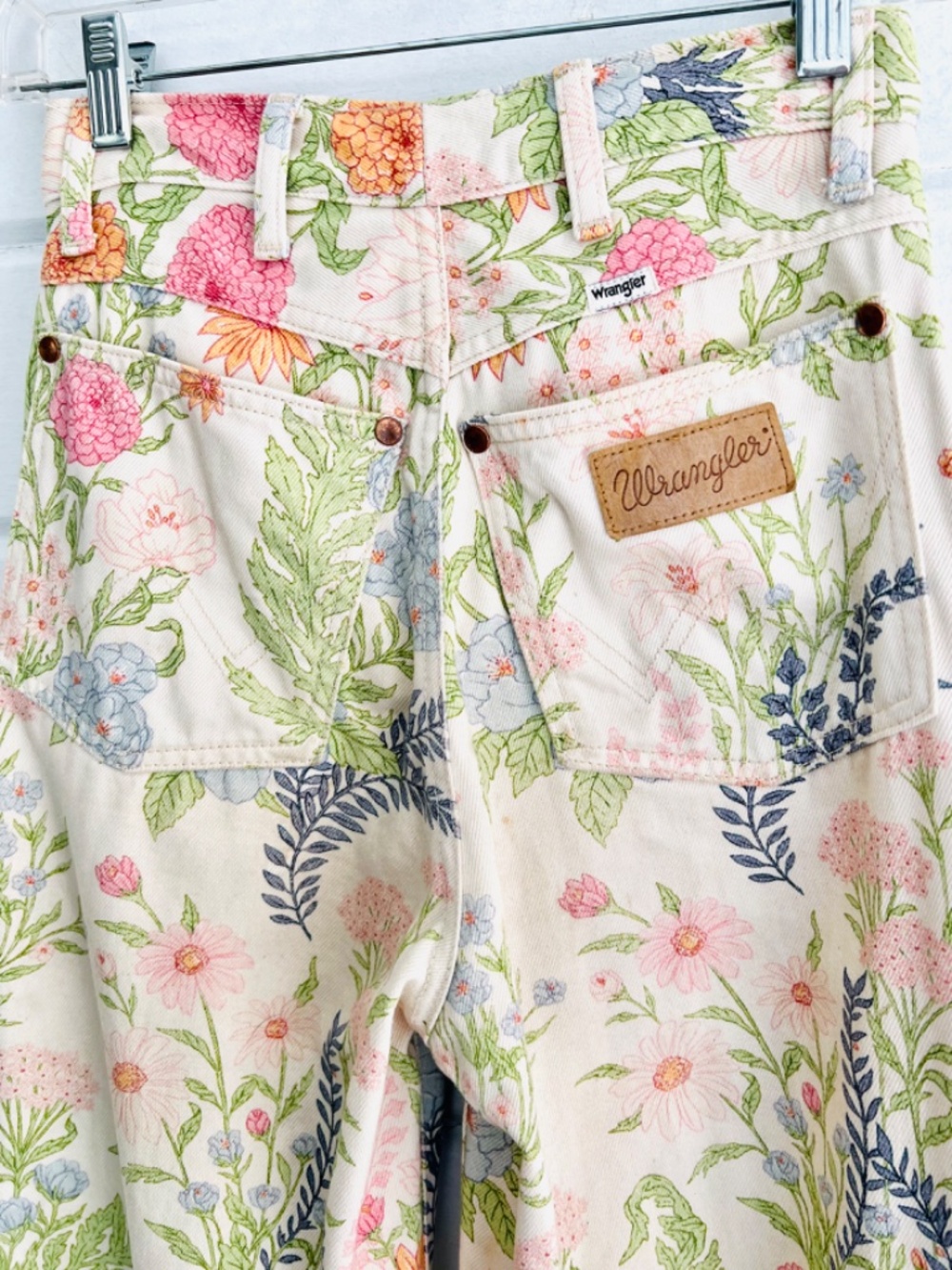 Wrangler Floral Wide Leg Jeans in Cream, Green, Pink - Picture 6 of 12